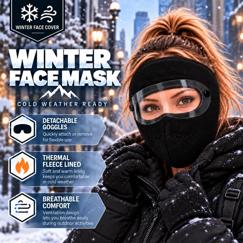 Winter Face Cover with Detachable Goggles – Windproof Thermal Fleece Mask