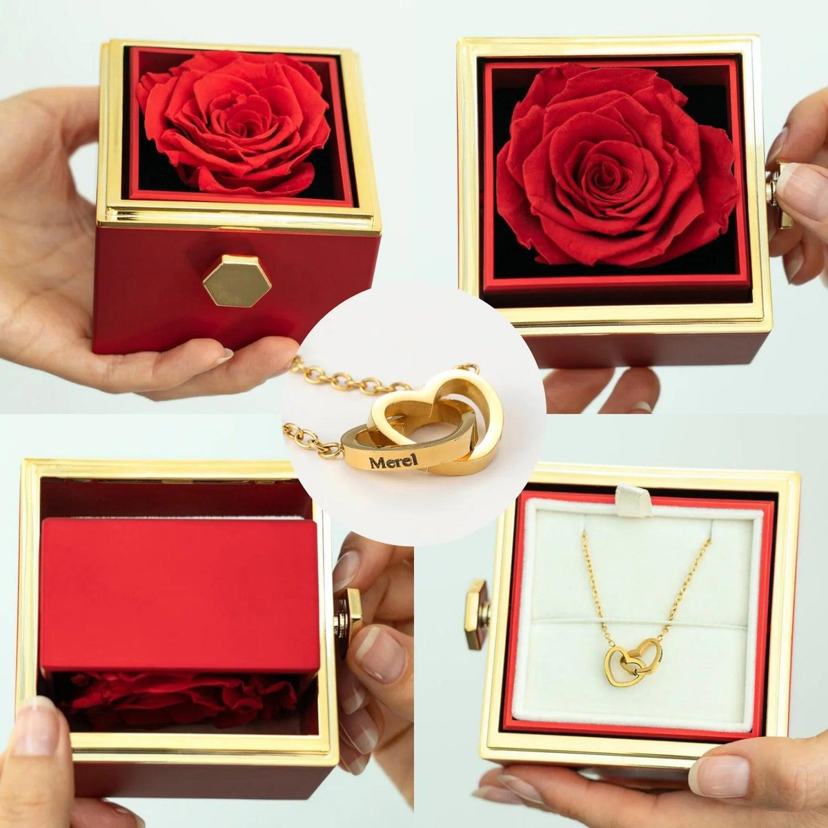 Personalized Double Heart Name Necklace with Rose Gift Box